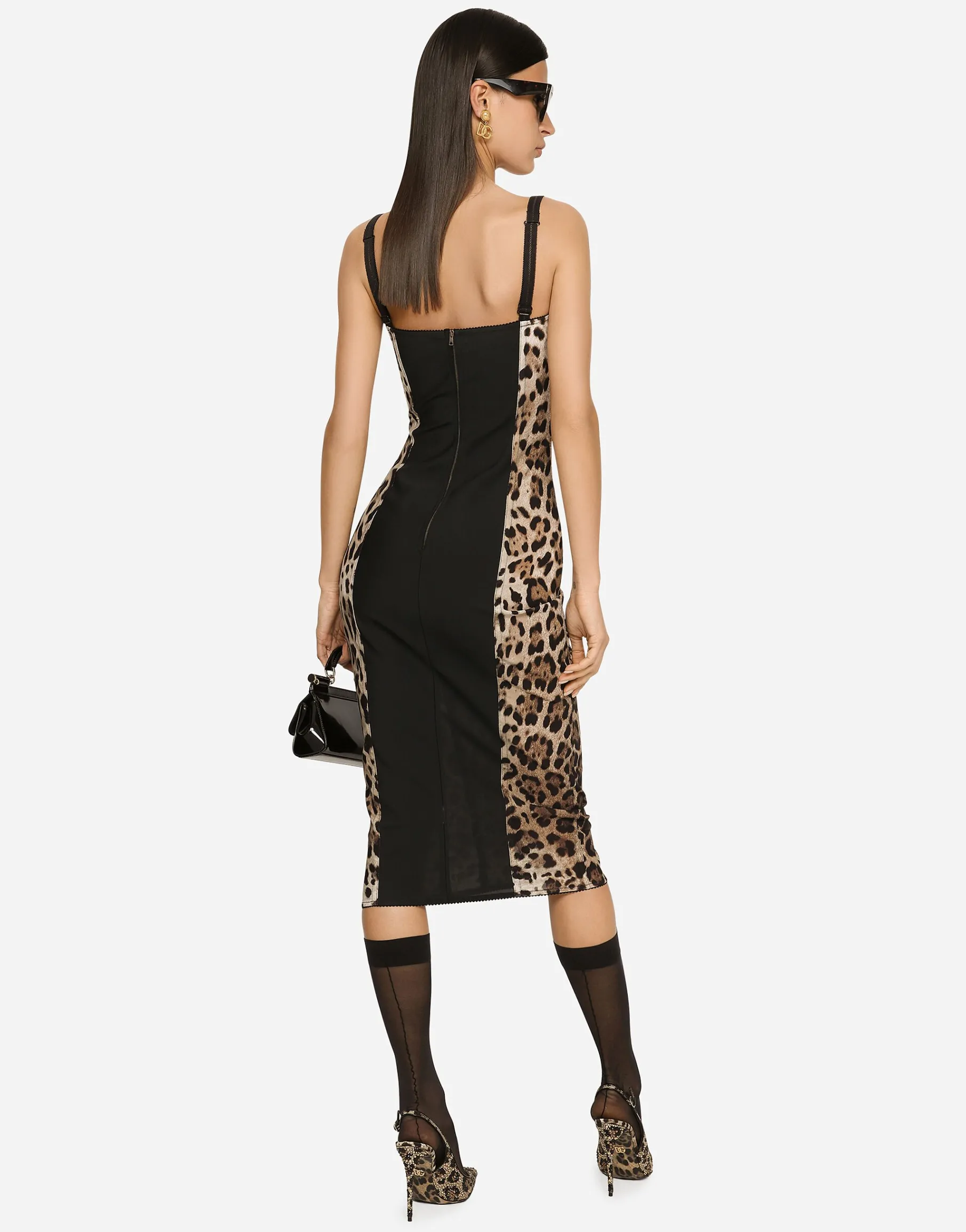 Marquisette calf-length dress with leopard print