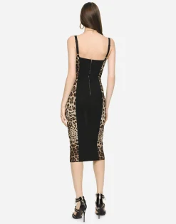 Marquisette calf-length dress with leopard print