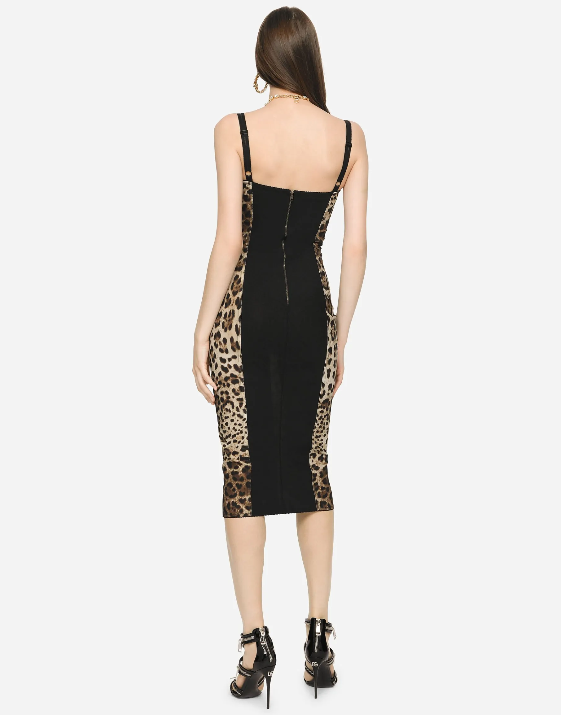 Marquisette calf-length dress with leopard print