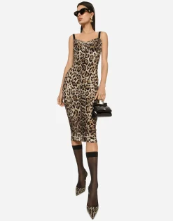 Marquisette calf-length dress with leopard print