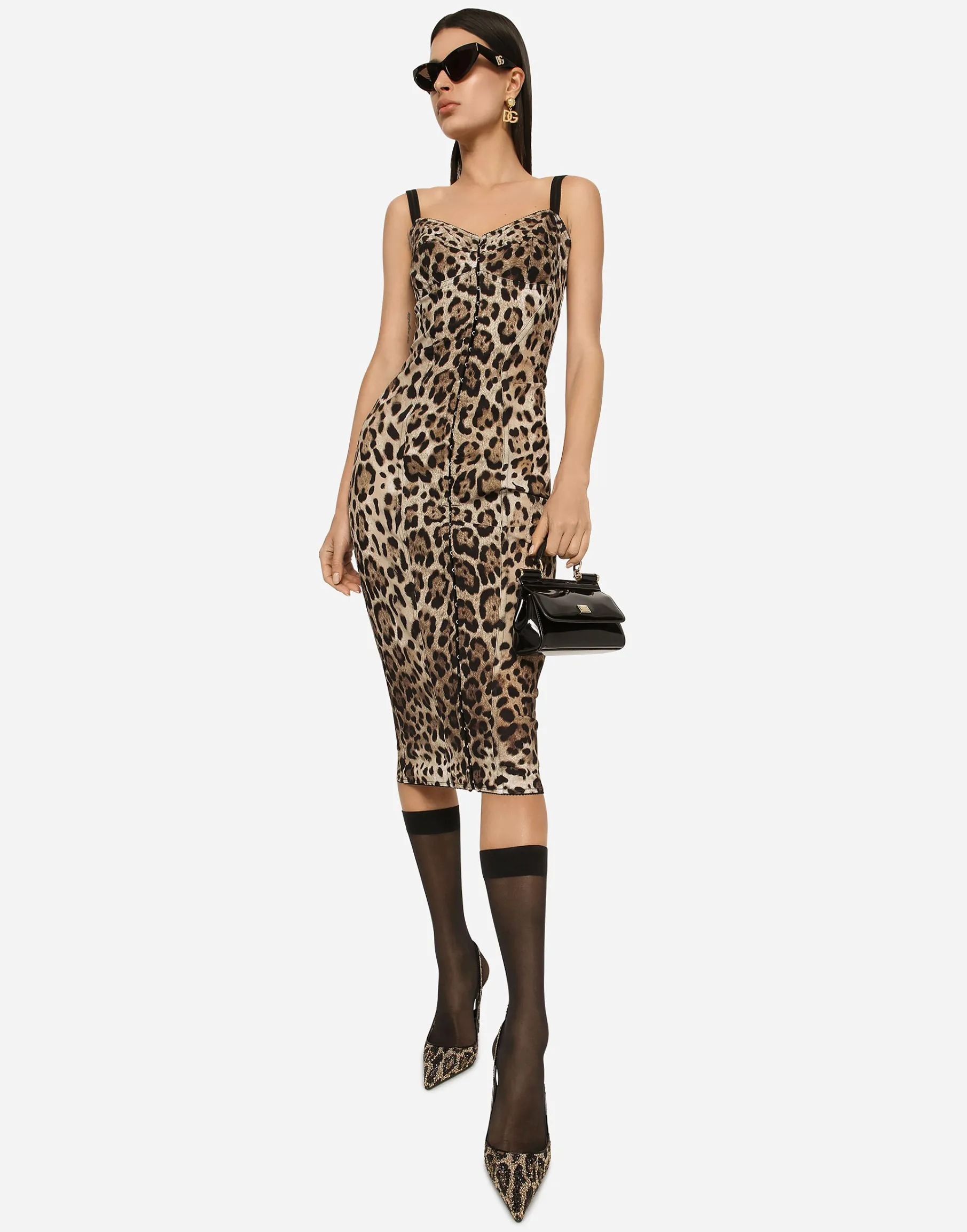Marquisette calf-length dress with leopard print