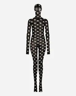 Marquisette jumpsuit with hood and logo print
