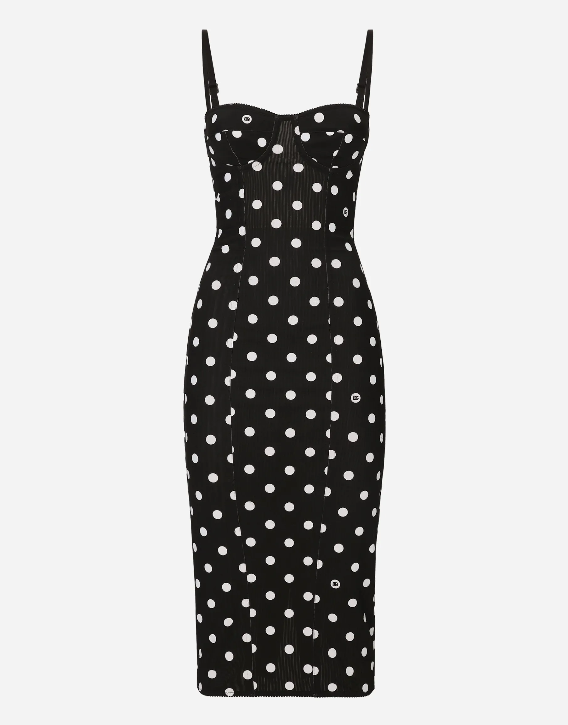 Marquisette sheath dress with polka-dot print and corset details