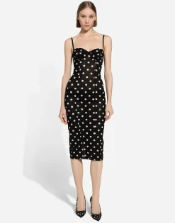 Marquisette sheath dress with polka-dot print and corset details