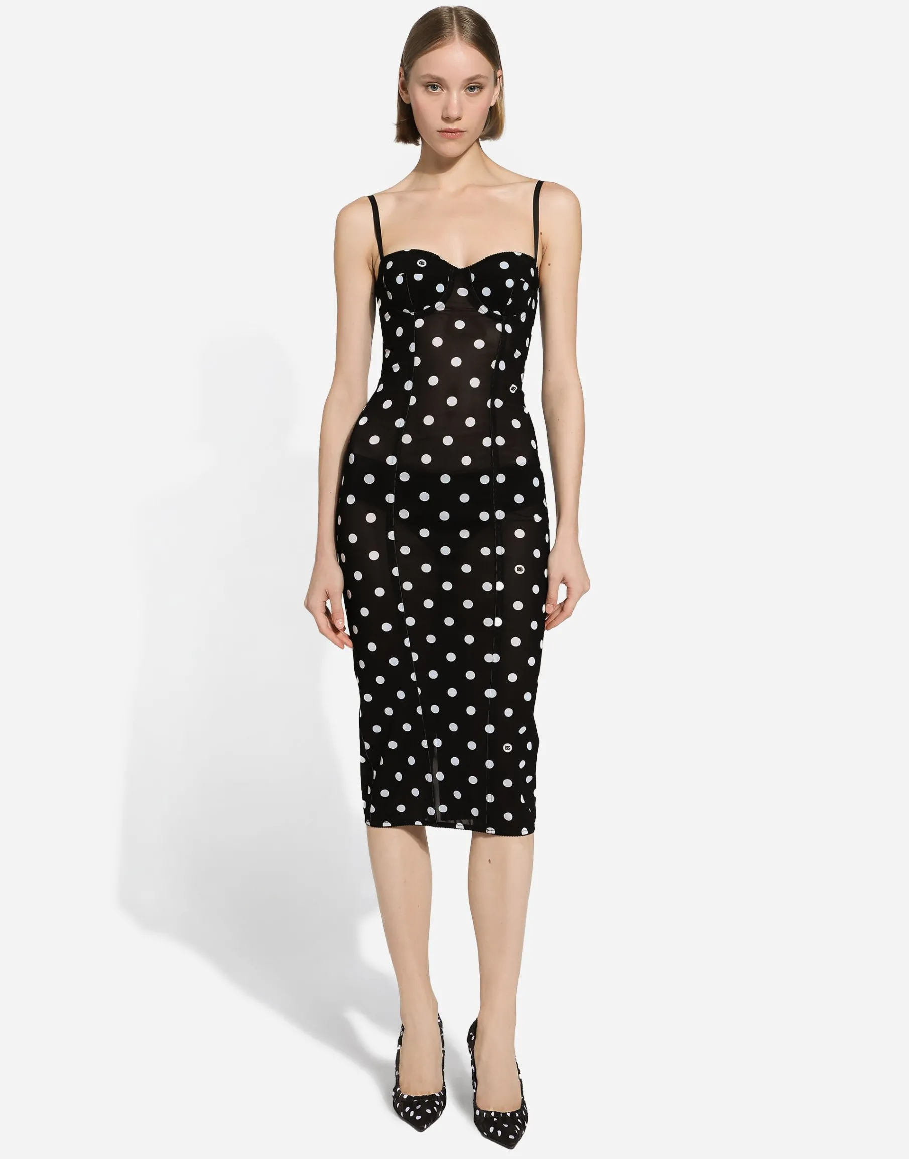 Marquisette sheath dress with polka-dot print and corset details