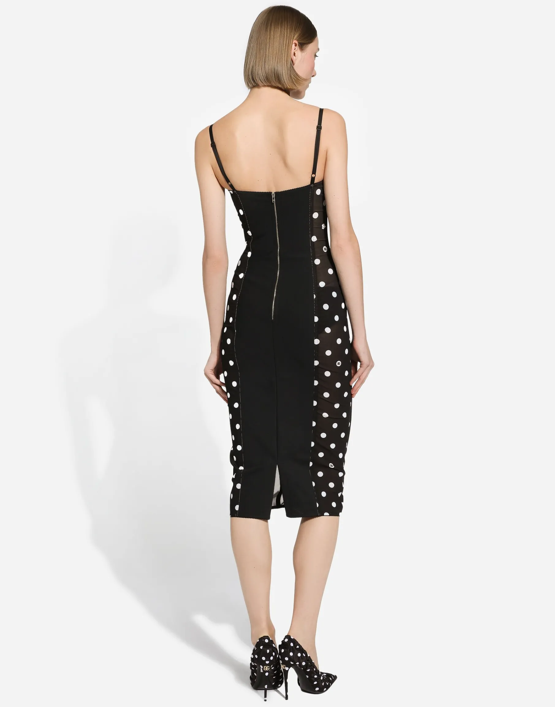 Marquisette sheath dress with polka-dot print and corset details