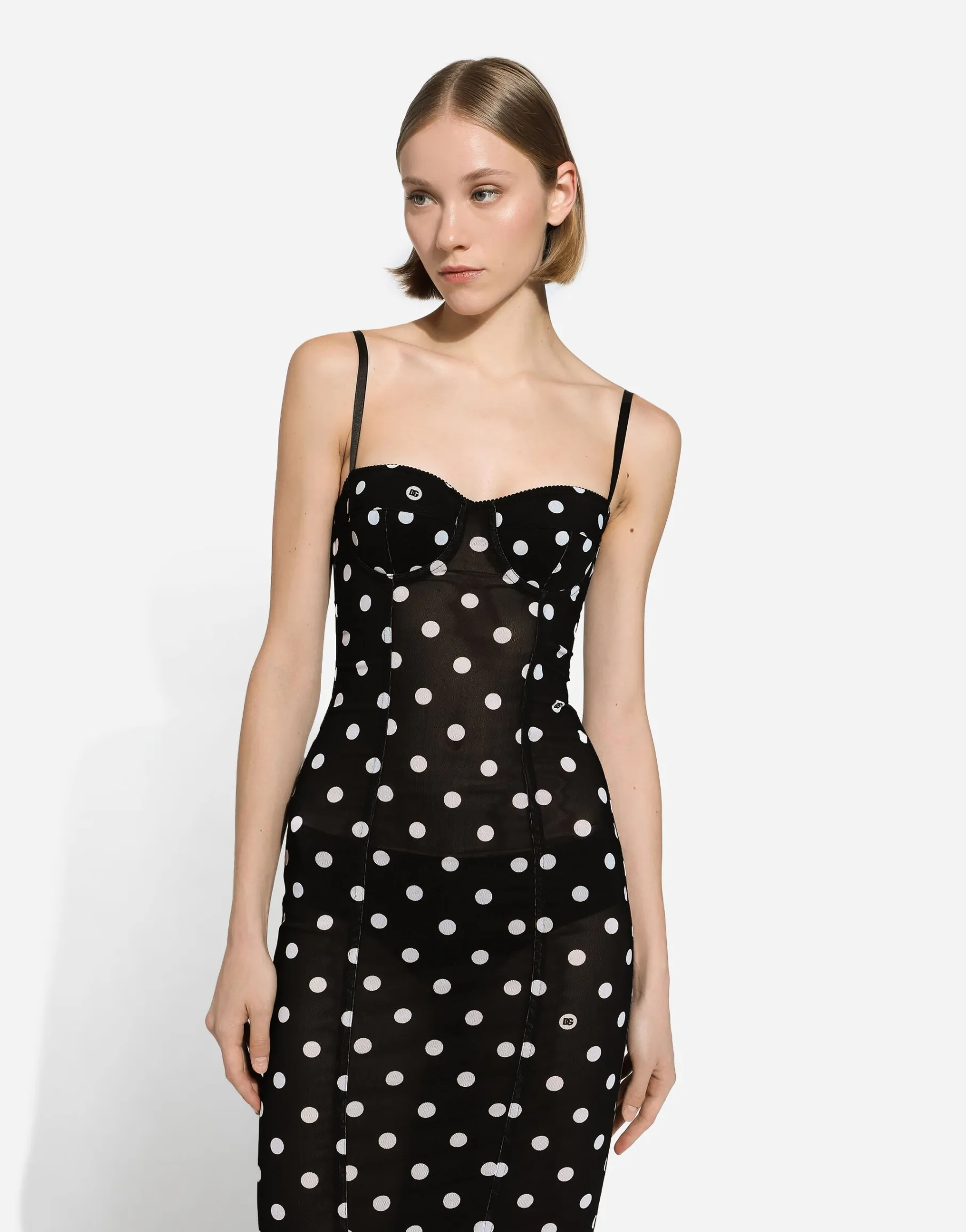 Marquisette sheath dress with polka-dot print and corset details