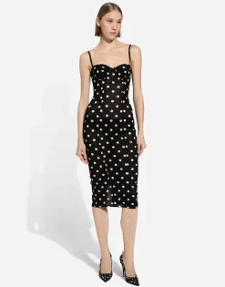 Marquisette sheath dress with polka-dot print and corset details