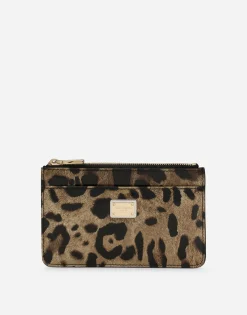 Medium leopard-print polished calfskin card holder with zipper