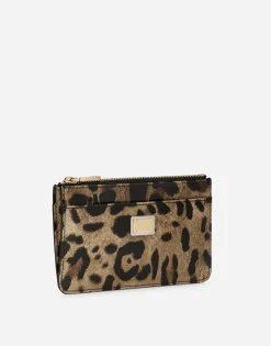 Medium leopard-print polished calfskin card holder with zipper