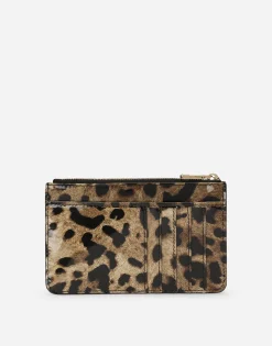 Medium leopard-print polished calfskin card holder with zipper