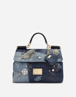 Medium patchwork denim Sicily soft bag with embroidery