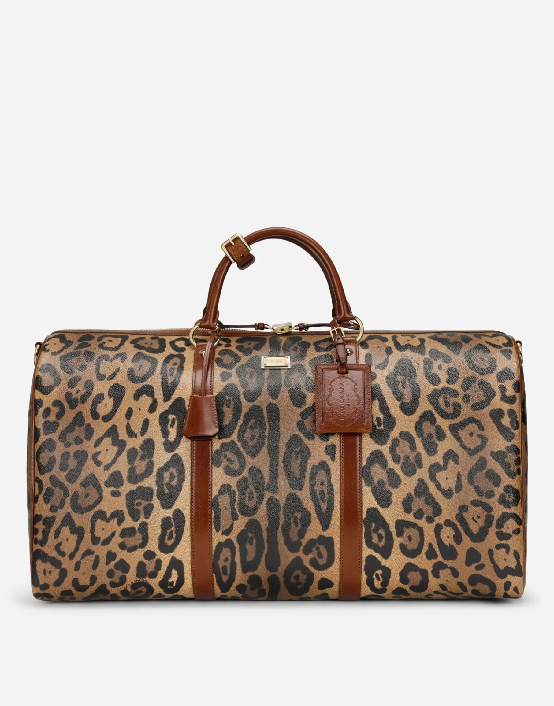 Medium travel bag in leopard-print Crespo with branded plate