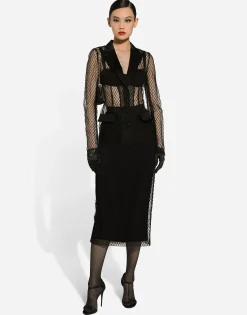 Mesh calf-length pencil skirt