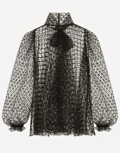 Mesh pussy-bow blouse