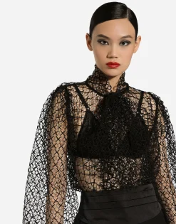 Mesh pussy-bow blouse