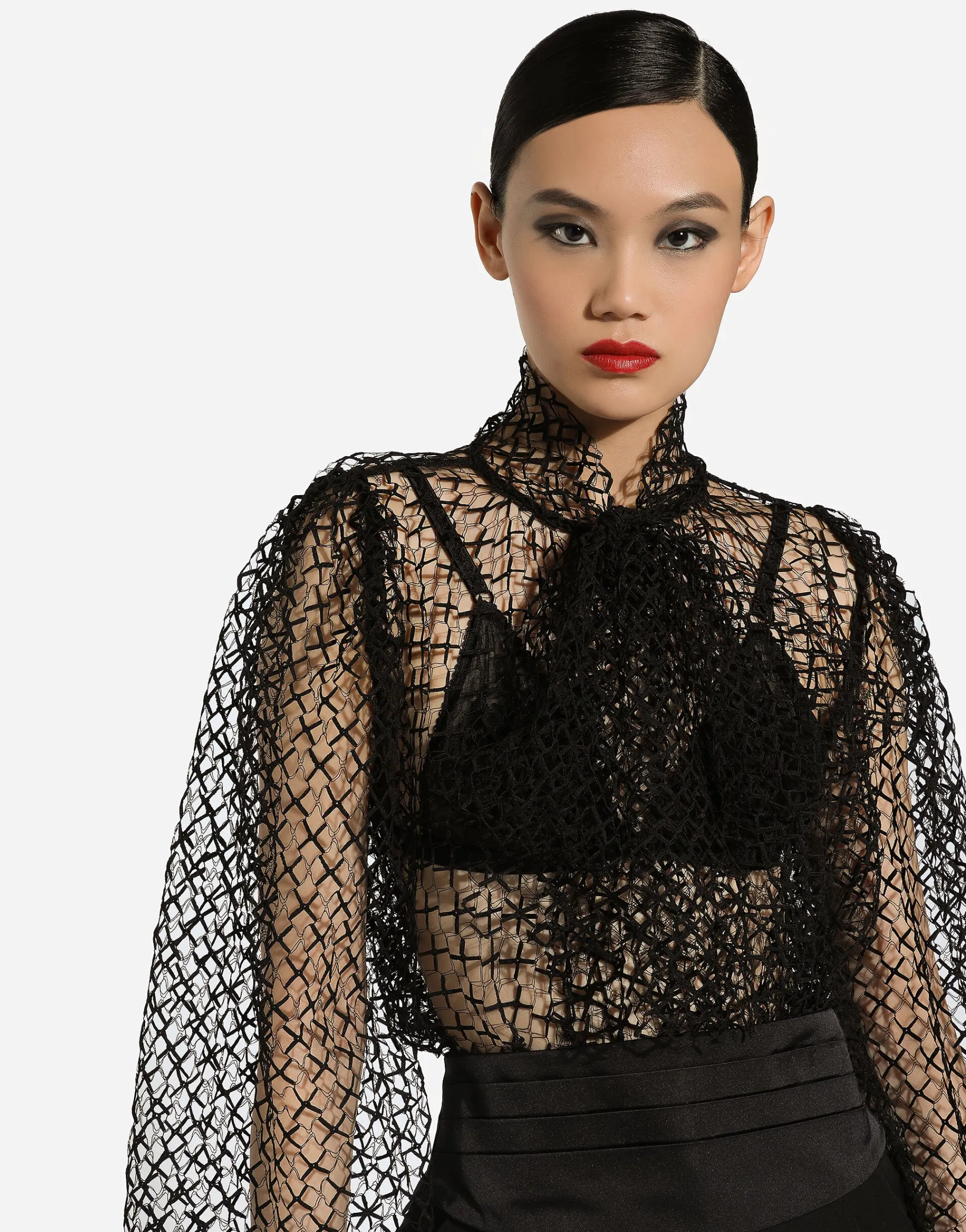 Mesh pussy-bow blouse
