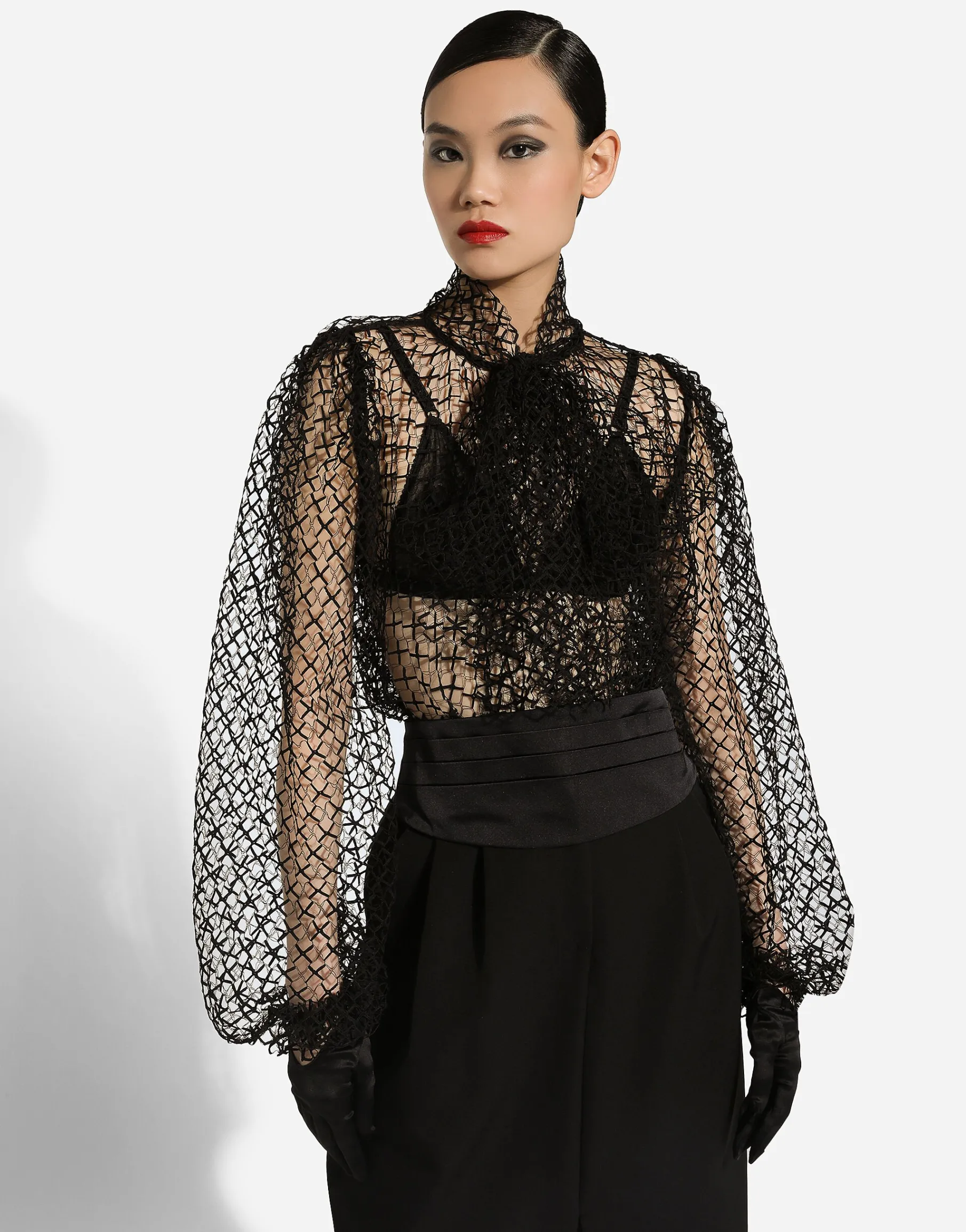 Mesh pussy-bow blouse