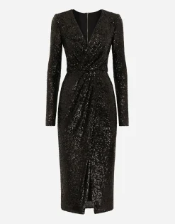 Micro-sequined calf-length dress