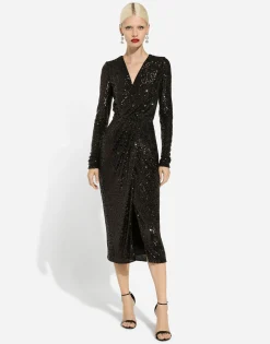 Micro-sequined calf-length dress