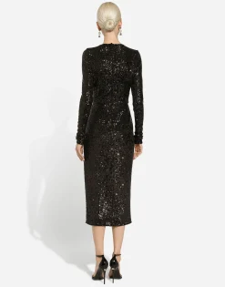 Micro-sequined calf-length dress
