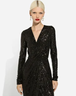 Micro-sequined calf-length dress