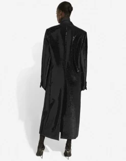 Micro-sequined double-breasted coat