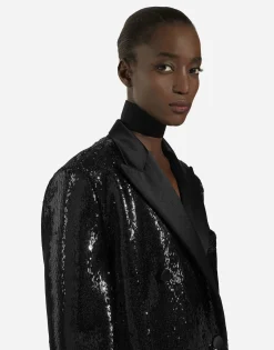 Micro-sequined double-breasted coat