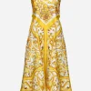 Midi dress with foulard effect in majolica-print silk charmeuse
