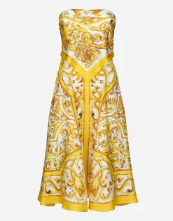 Midi dress with foulard effect in majolica-print silk charmeuse
