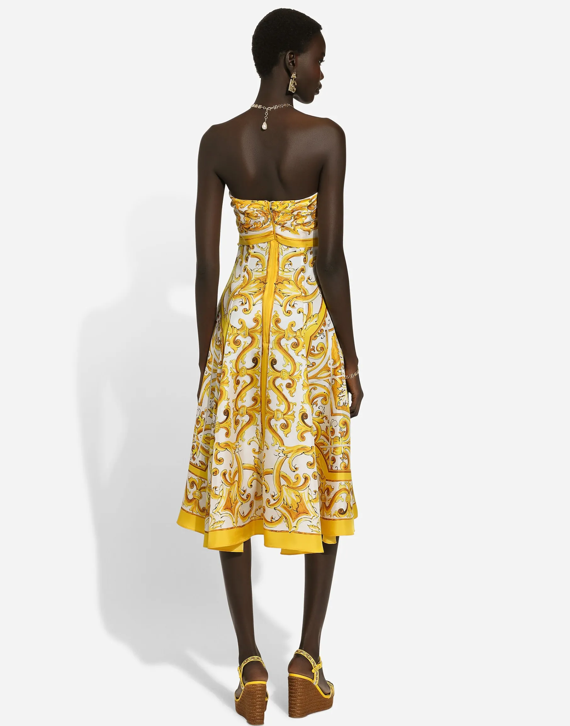 Midi dress with foulard effect in majolica-print silk charmeuse