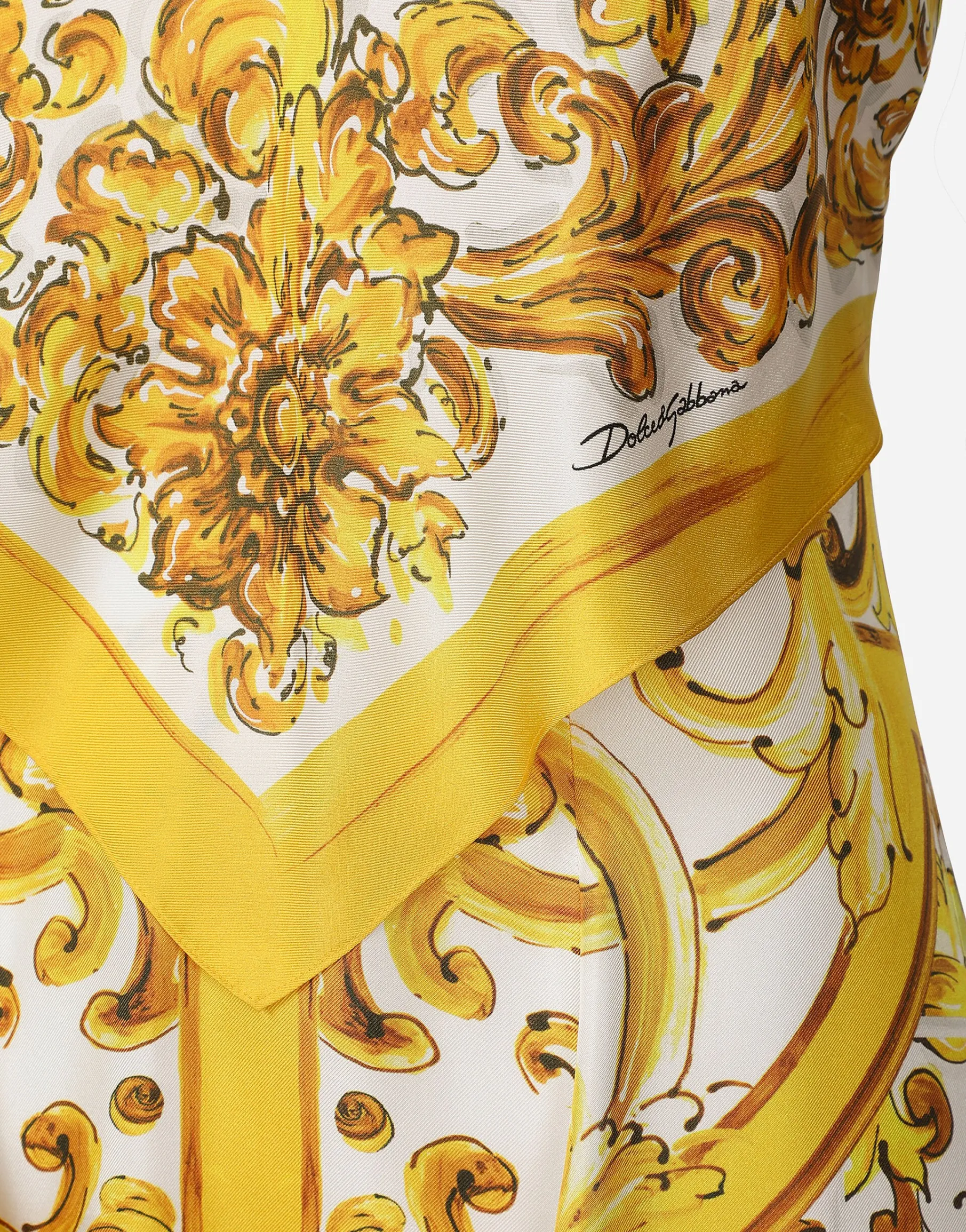 Midi dress with foulard effect in majolica-print silk charmeuse