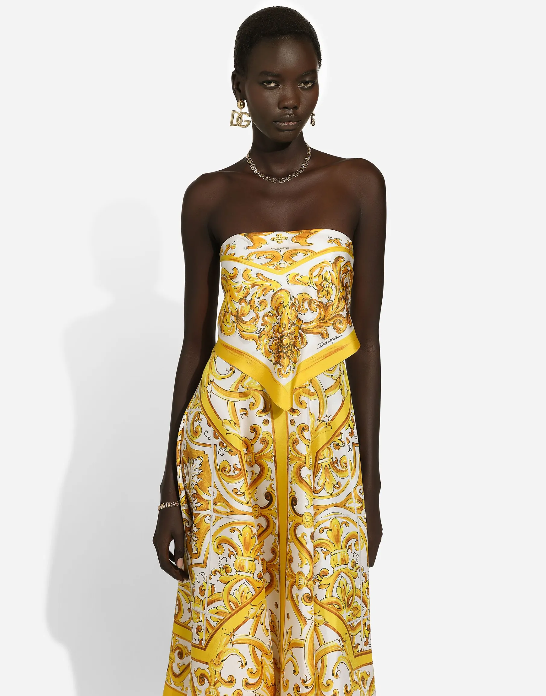 Midi dress with foulard effect in majolica-print silk charmeuse