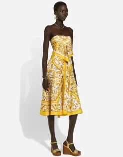 Midi dress with foulard effect in majolica-print silk charmeuse