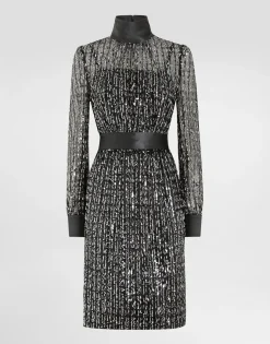 Midi dress with vertical sequin stripe embroidery