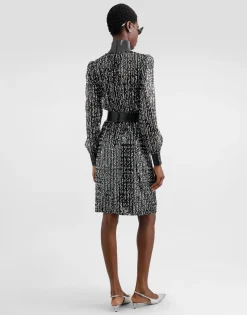 Midi dress with vertical sequin stripe embroidery