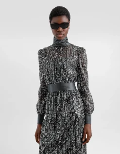 Midi dress with vertical sequin stripe embroidery