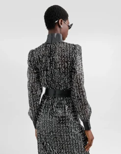 Midi dress with vertical sequin stripe embroidery