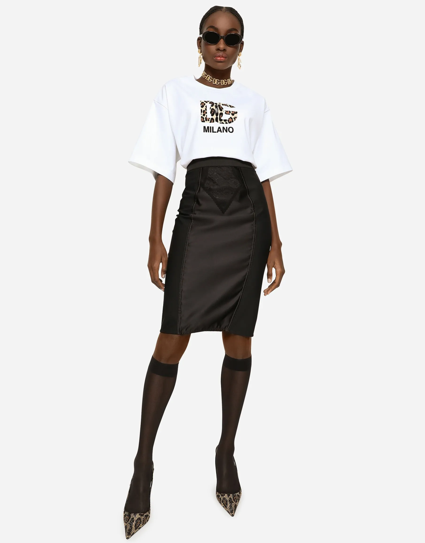 Midi skirt in powernet and satin