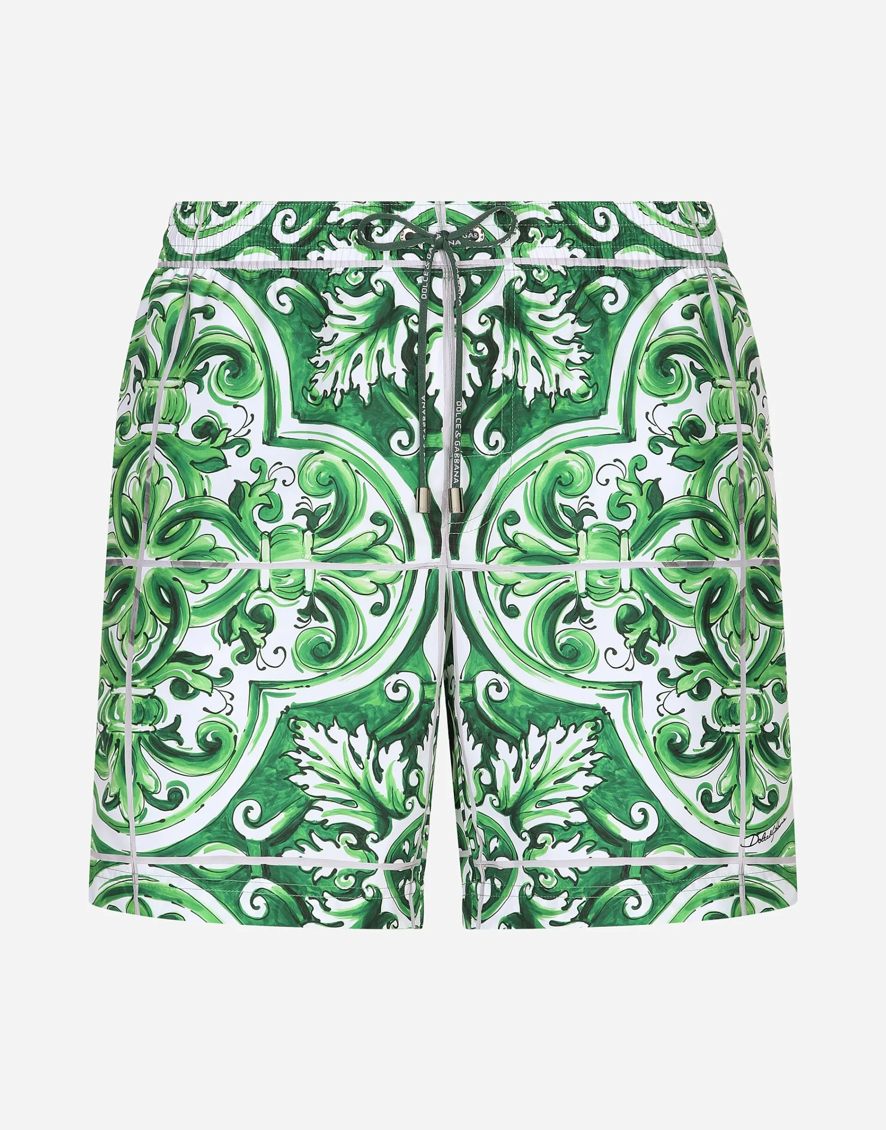 Mid-length majolica-print swim trunks