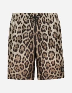 Mid-length swim trunks with leopard print