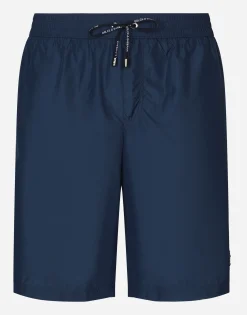 Mid-length swim trunks with logo tag