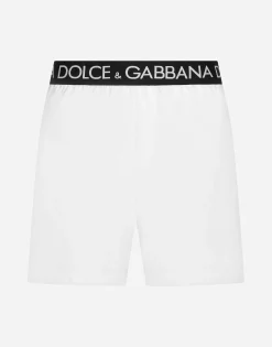 Mid-length swim trunks with branded stretch waistband