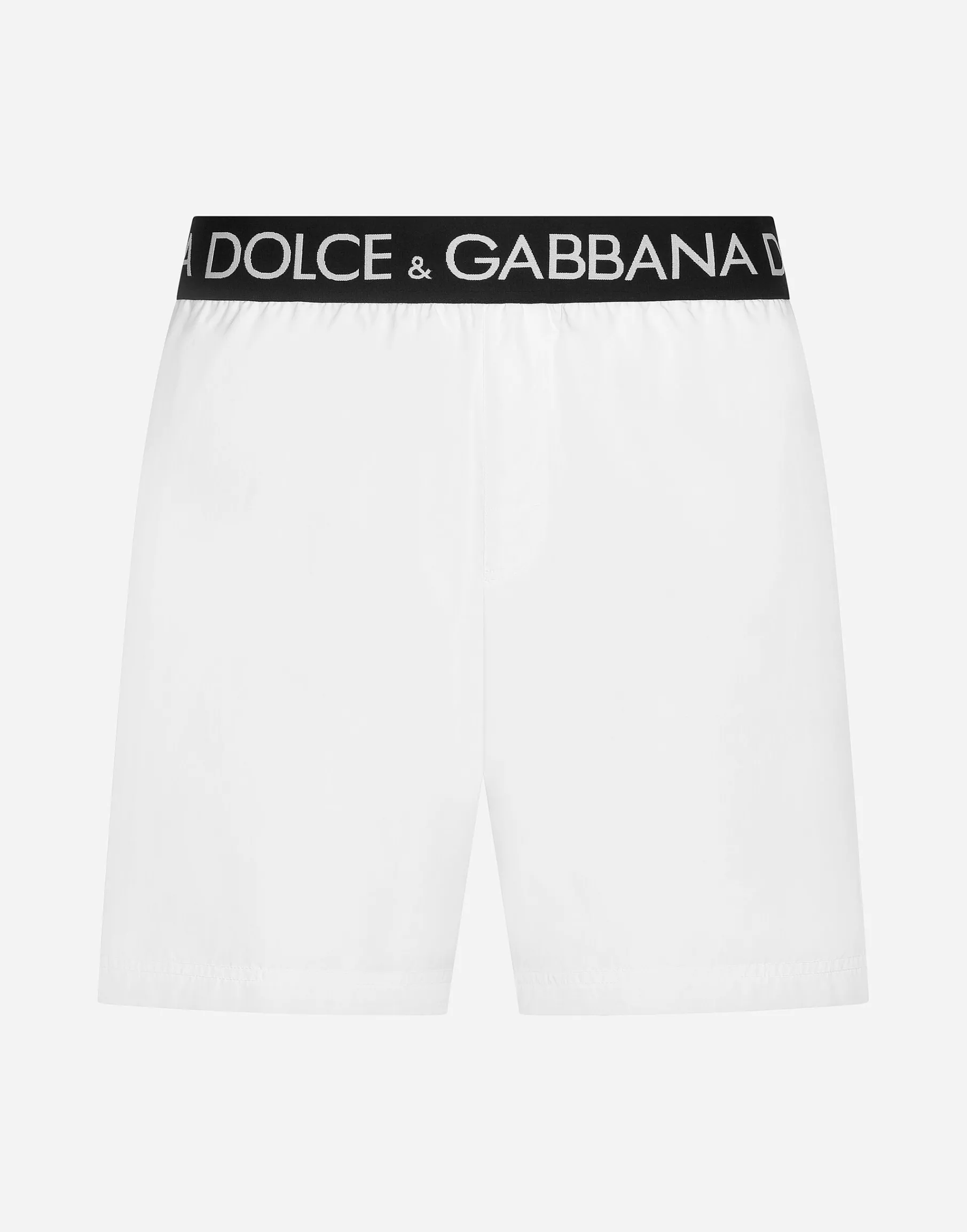 Mid-length swim trunks with branded stretch waistband