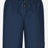 Mid-length swim trunks with branded plate