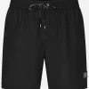 Mid-length swim trunks with branded plate