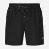 Mid-length swim trunks with logo tag