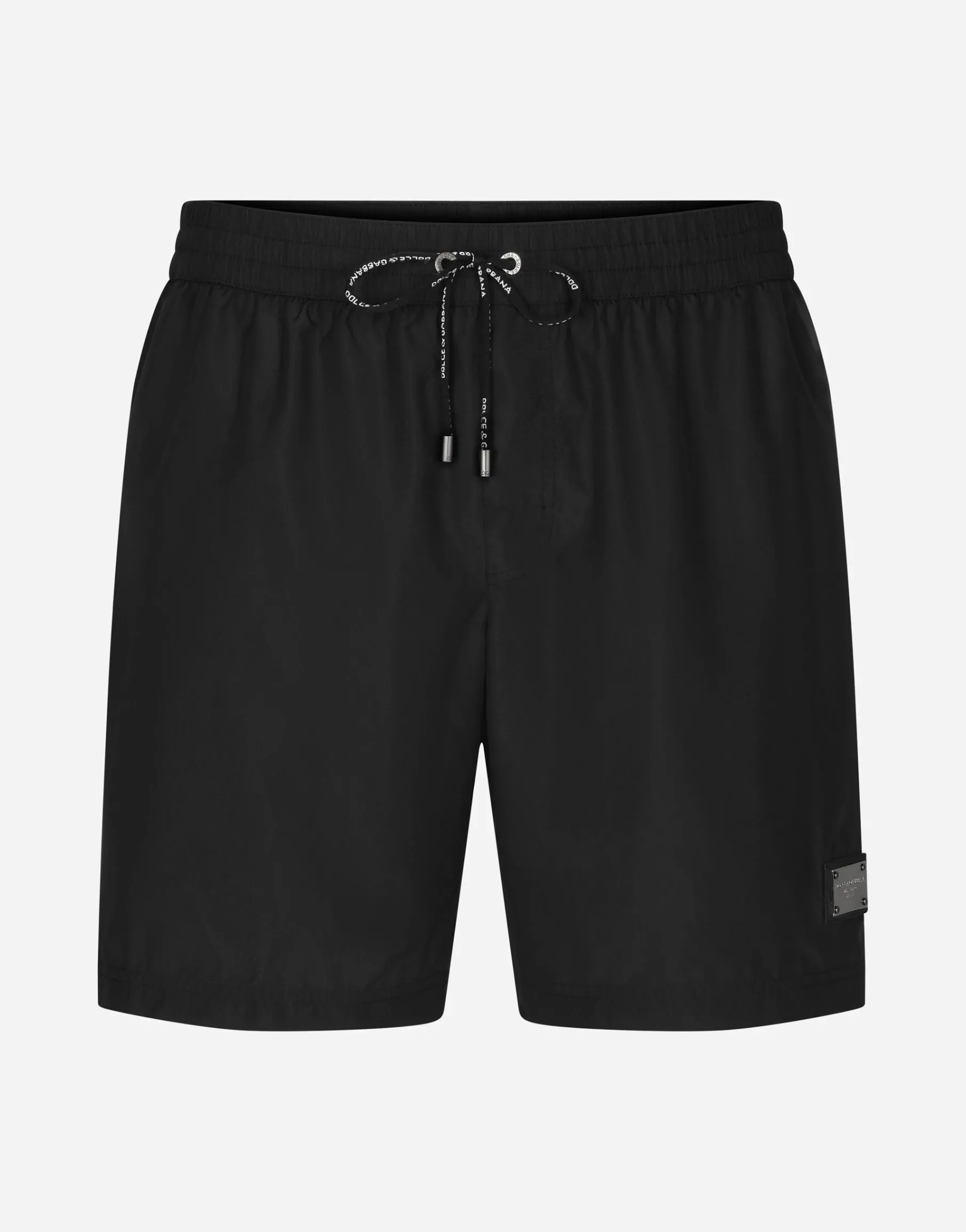 Mid-length swim trunks with logo tag