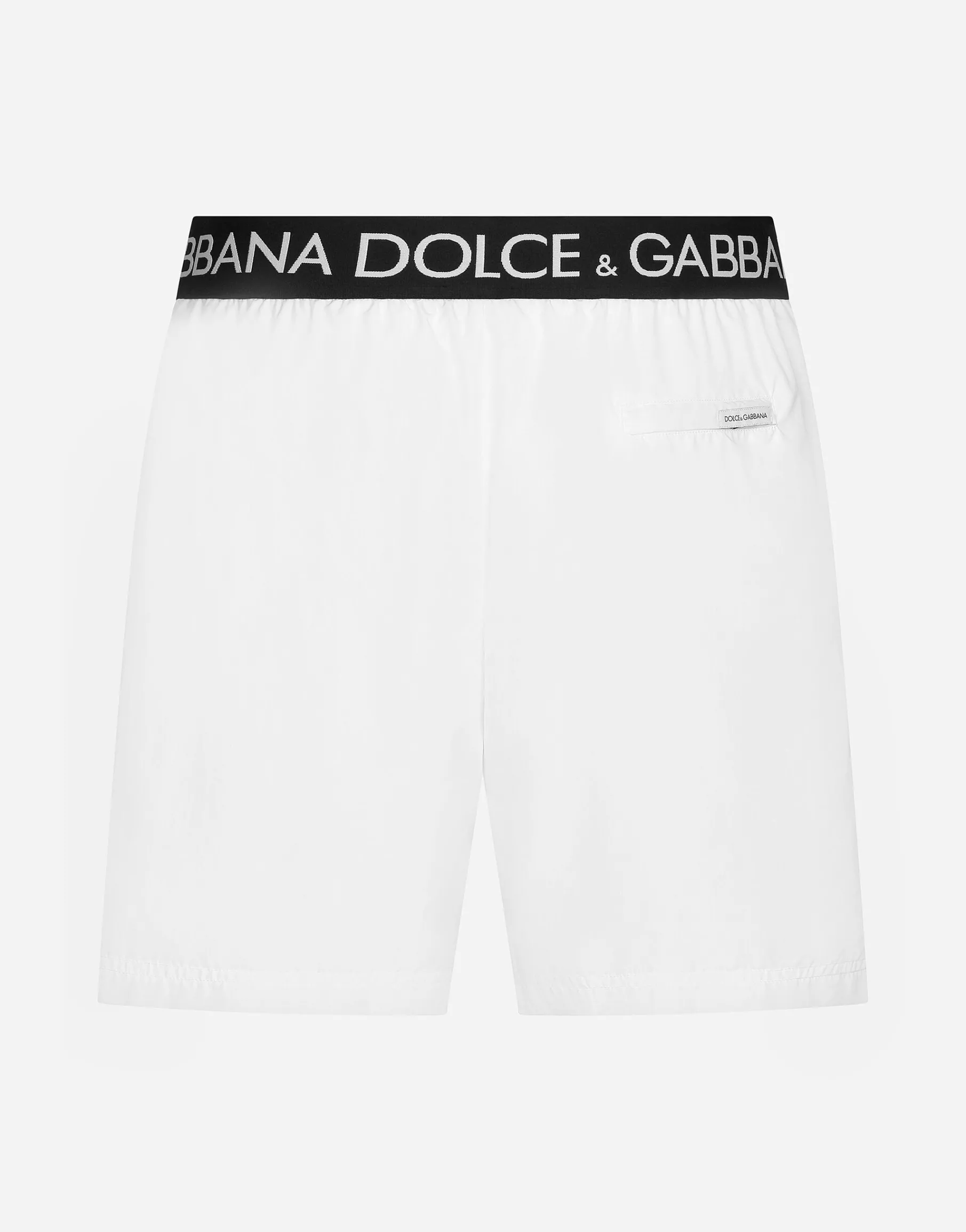 Mid-length swim trunks with branded stretch waistband