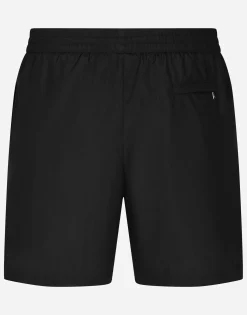 Mid-length swim trunks with branded plate